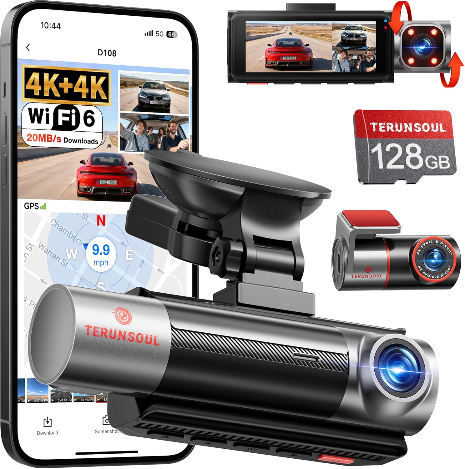 4K+4K+1080P 3 Channel Dash Cam Front and Rear with...
