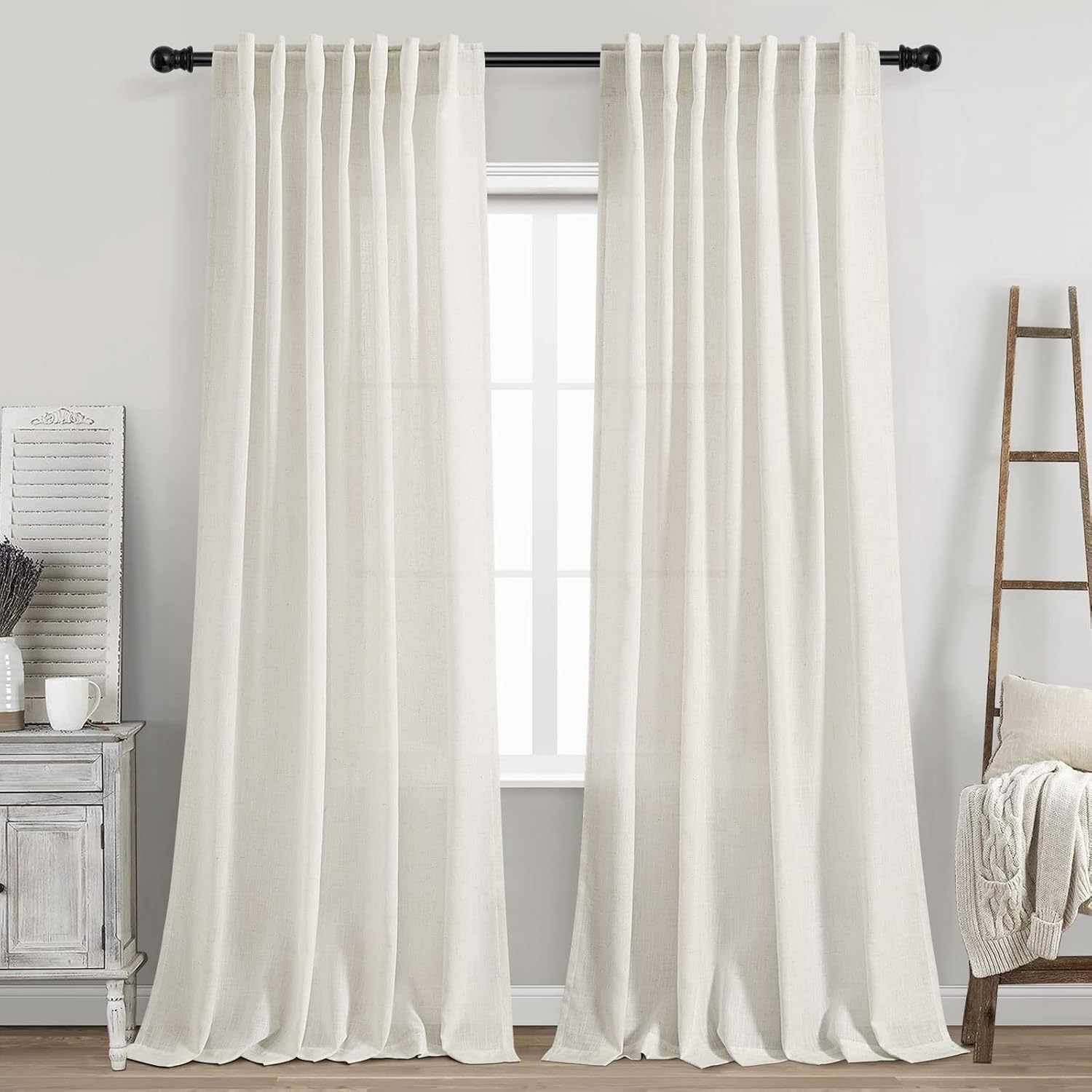 Cream Linen Back Tab Curtains 84 Inch Length for Living Room 2 Panel Set Neutral...