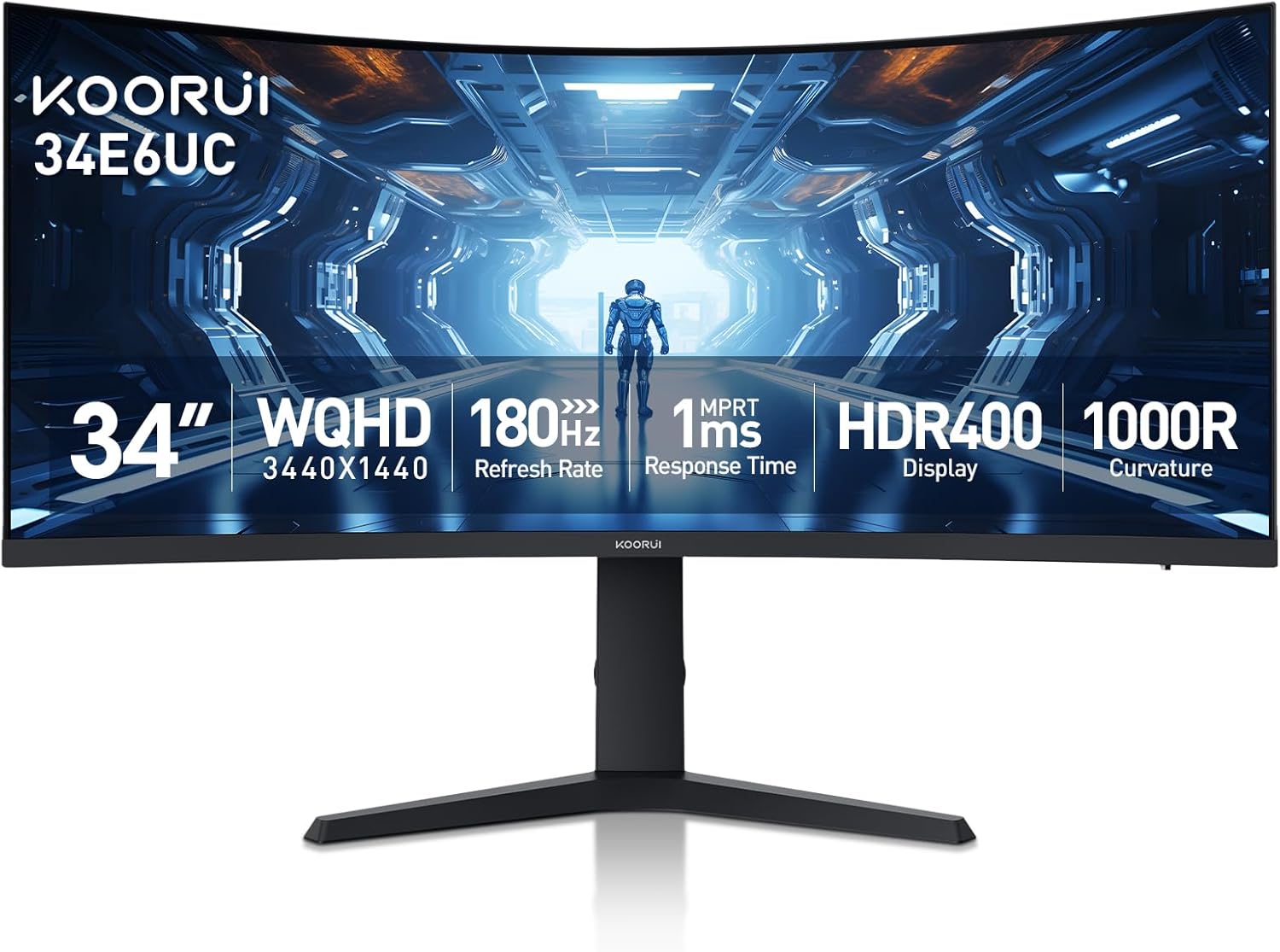KOORUI 34-inch Curved Ultrawide WQHD 3440×1440 Gaming Monitor, 180Hz 1000R- PIP/...