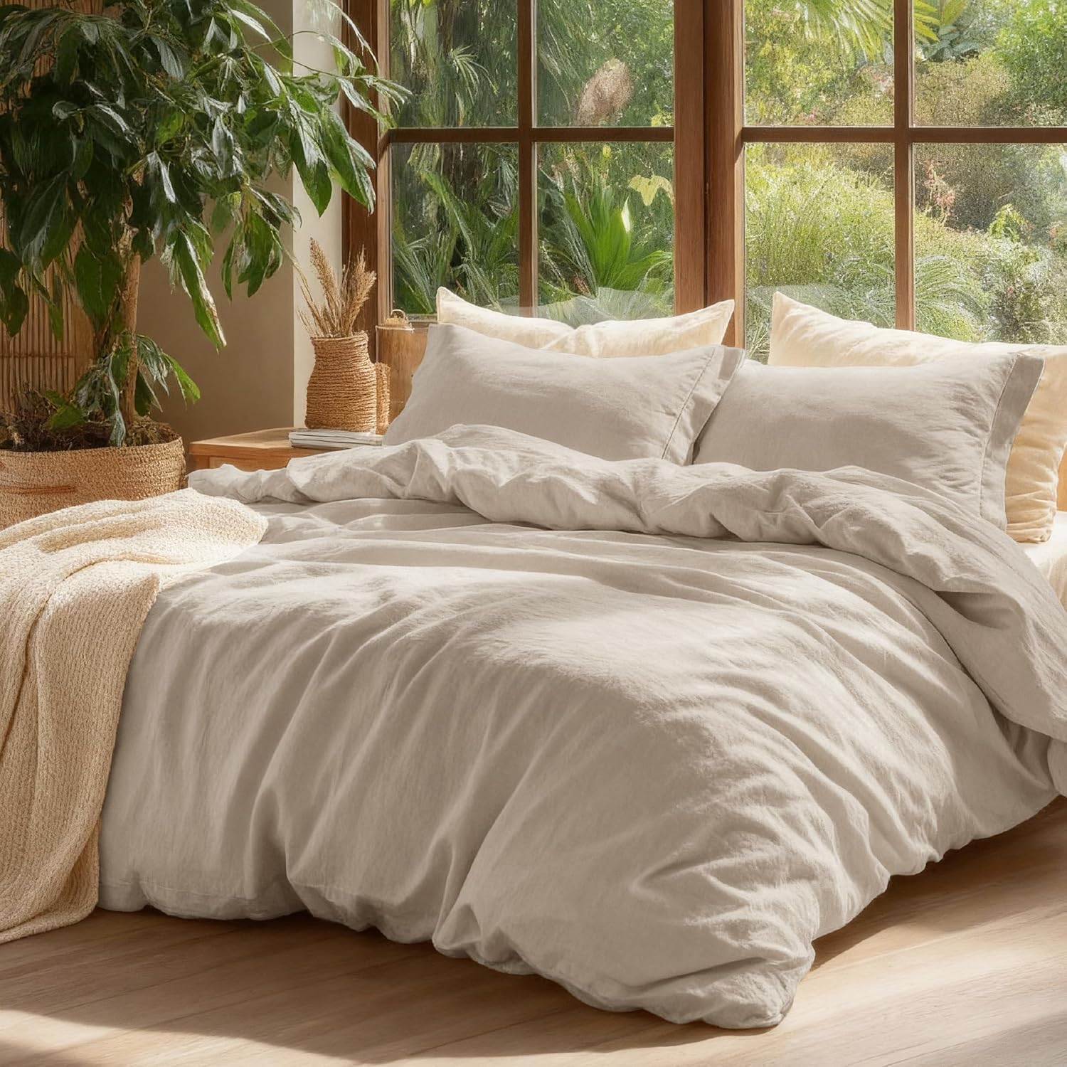 Bedsure 100% Washed Cotton Duvet Cover Oversized King - Oatmeal Minimalist Cotto...