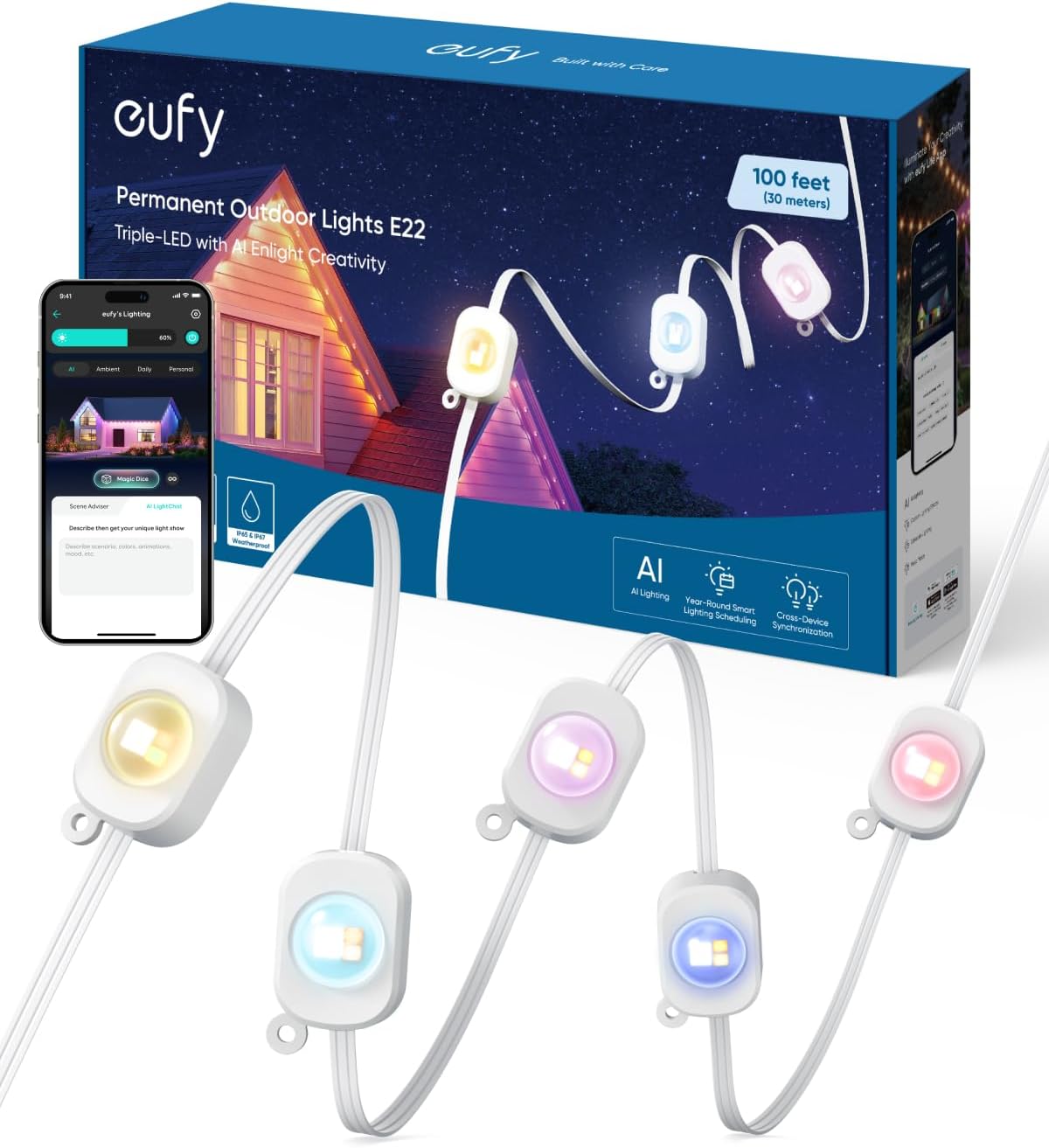 eufy Permanent Outdoor Lights E22, 100ft with 60 Triple-LED Lights, Smart RGBWW...