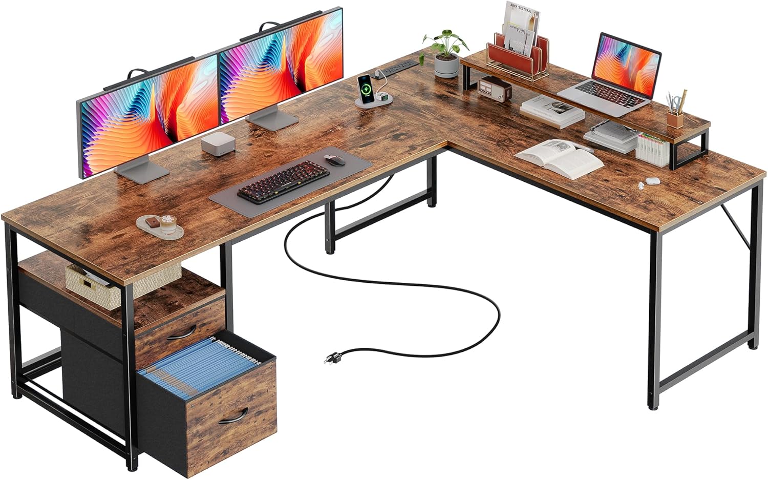 Innovative PRAISUN 63 Inch L Shaped Desk, High-Quality Desk with Power Outlets a...