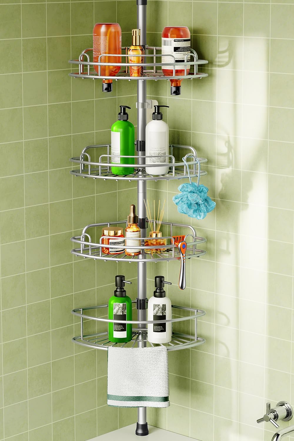 HAMITOR Corner Shower Caddy Tension Pole: 4-Tier Rust-Resistant Adjustable Bathr...