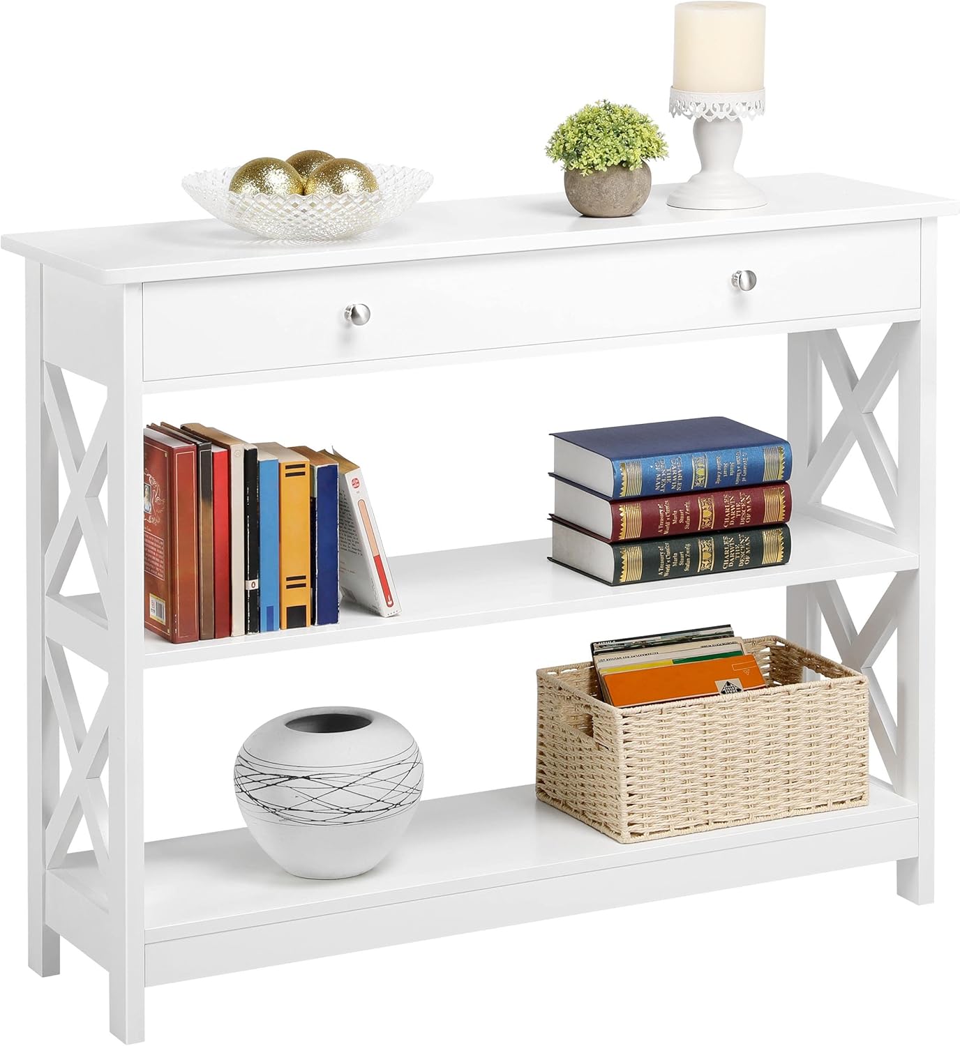 Yaheetech White Console Table, Wooden Hallway Table with Drawer & Open Storage S...