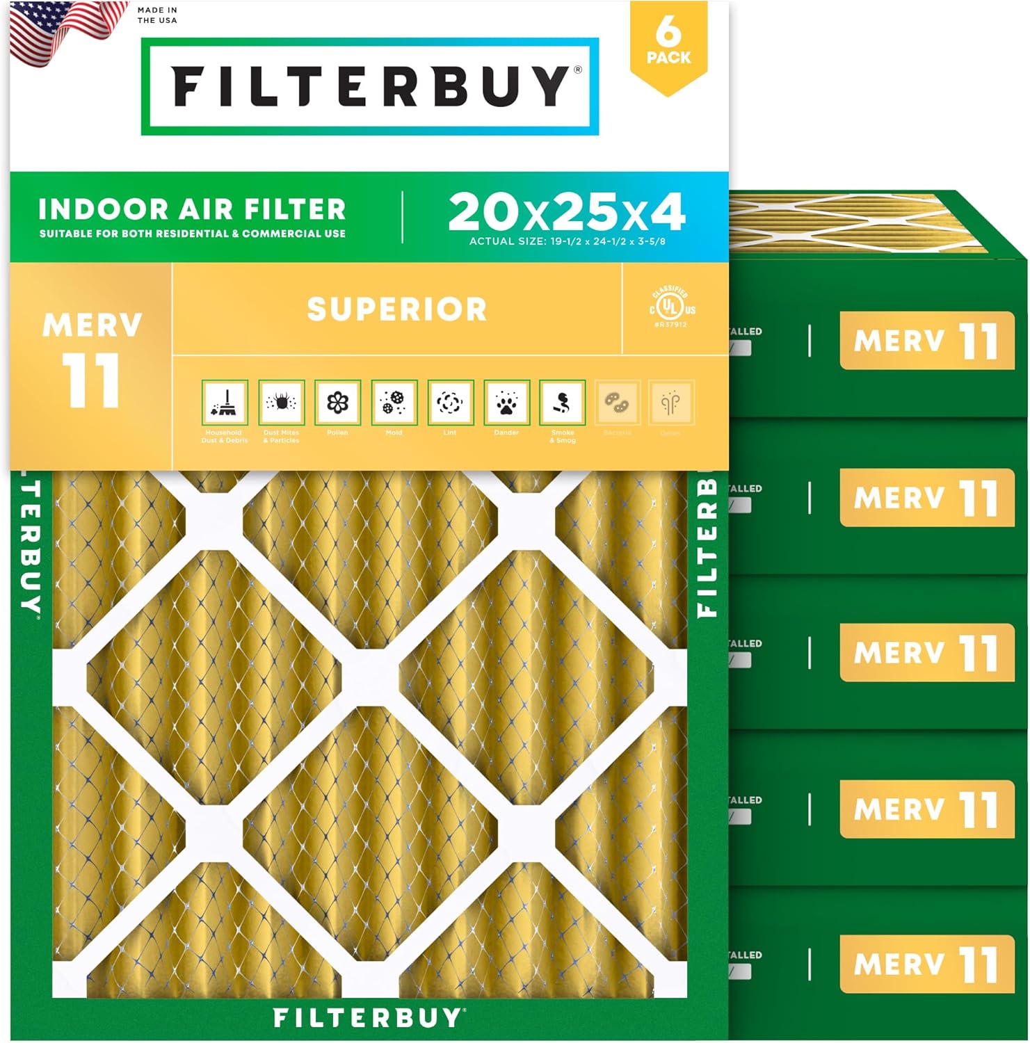 Filterbuy 20x25x4 Air Filter MERV 11 Superior Pet & Allergy Defense (6-Pack), El...