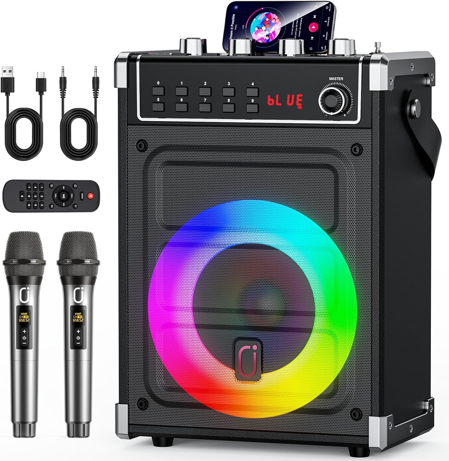 JYX Karaoke Machine with 2 Wireless Microphones, Bluetooth Speaker with Bass/Tre...