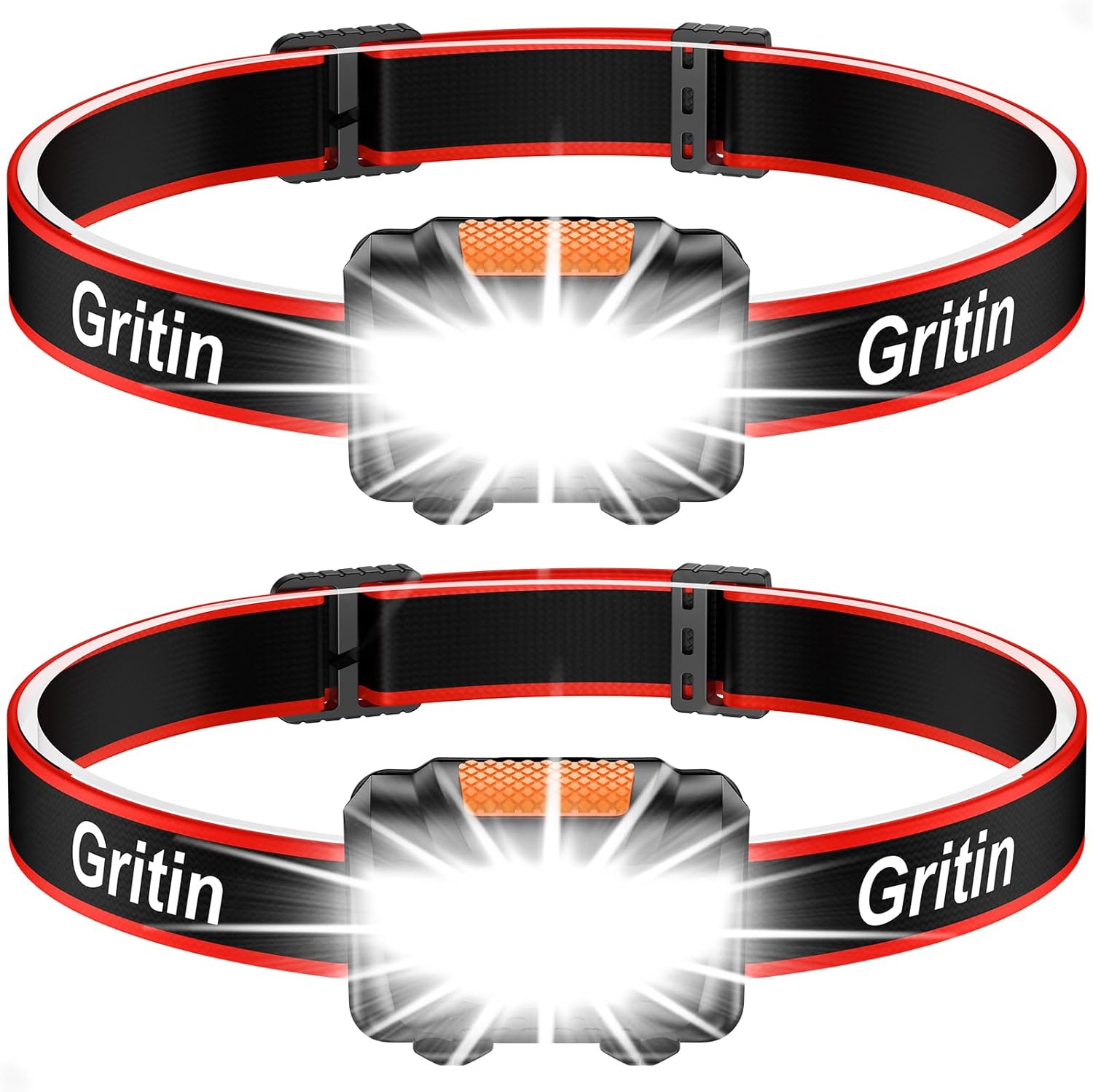 Gritin LED Head Torch, [2 Pack] Super Bright Headlamp Headlight with 3 Modes, Wa...