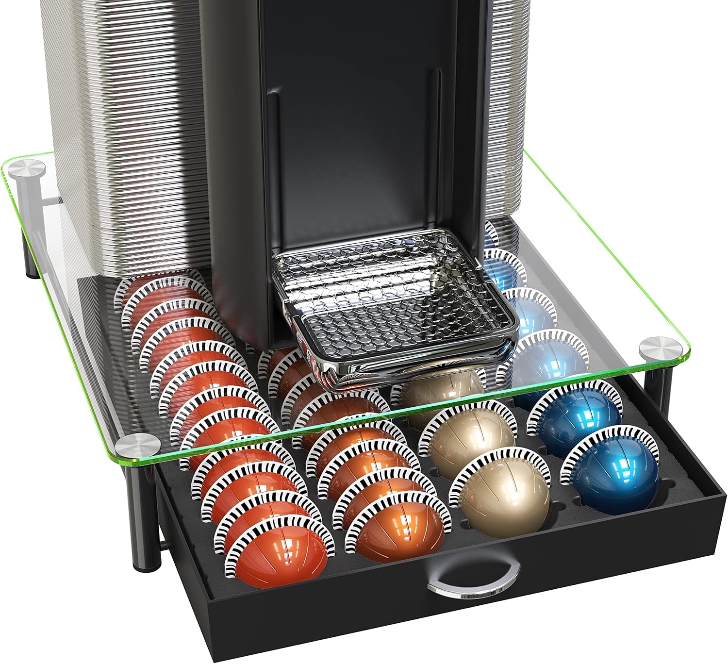 DecoBrothers Crystal Tempered Glass Vertuo Pod Holder Drawer, 24 Large or 48 Sma...