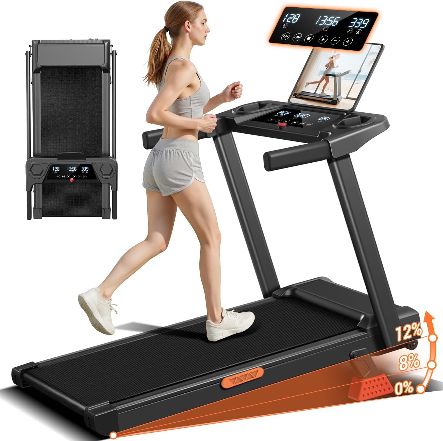 16% Incline Treadmill with Handle, 3-in-1 Portable Treadmills for Home and Offic...
