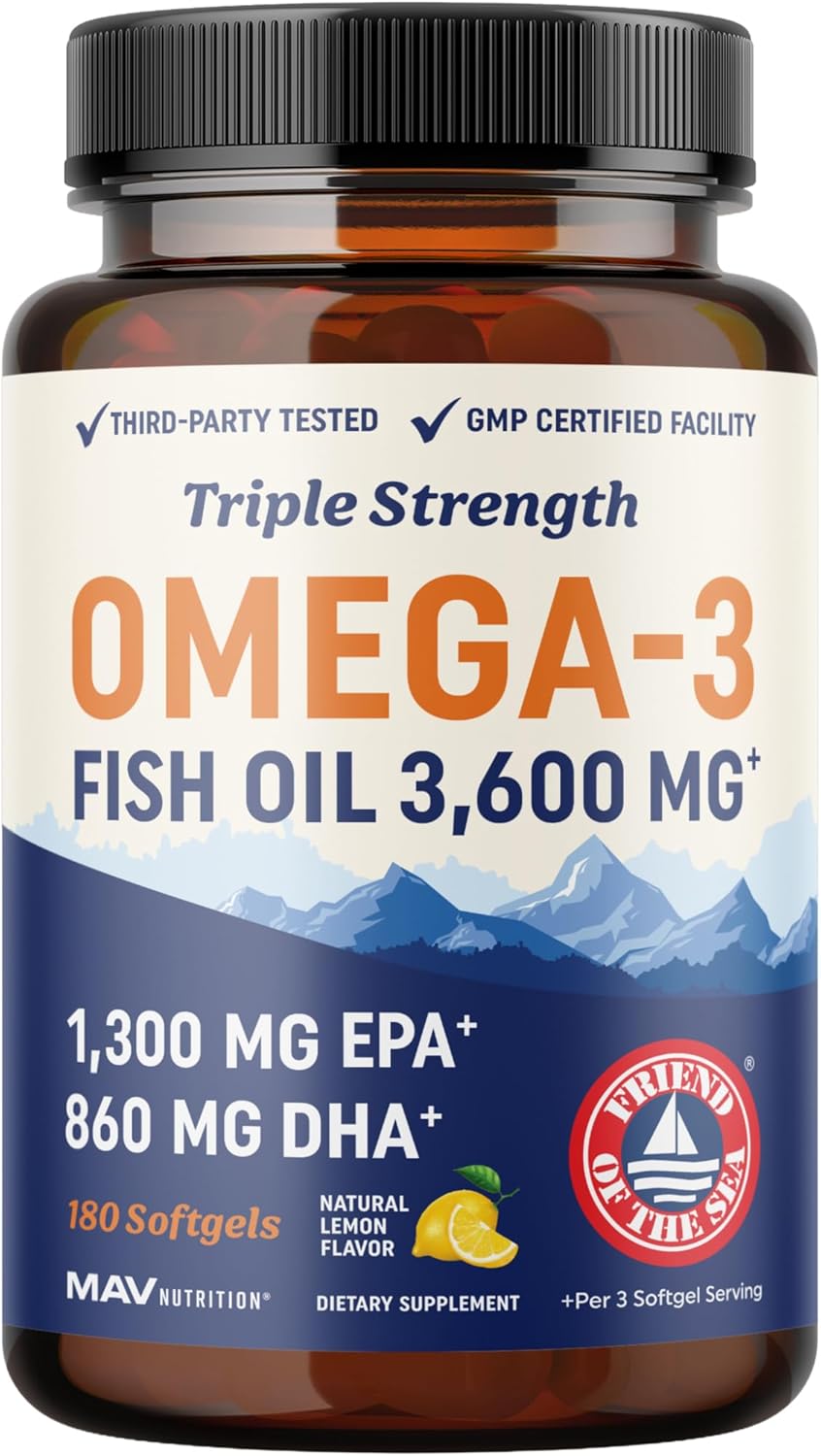 Triple Strength Omega 3 Fish Oil 3600 mg | EPA & DHA | Over 2100mg Omega-3 Fatty...