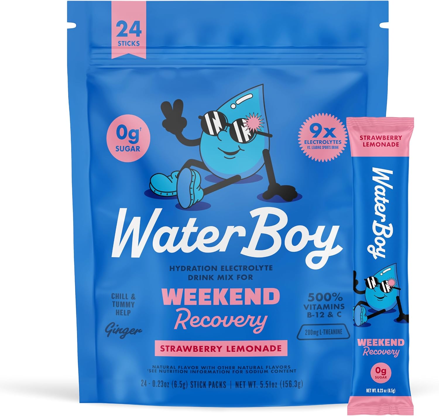Waterboy Weekend Recovery | 3,200mg Electrolyte Powder Packets | Ginger + L-Thea...