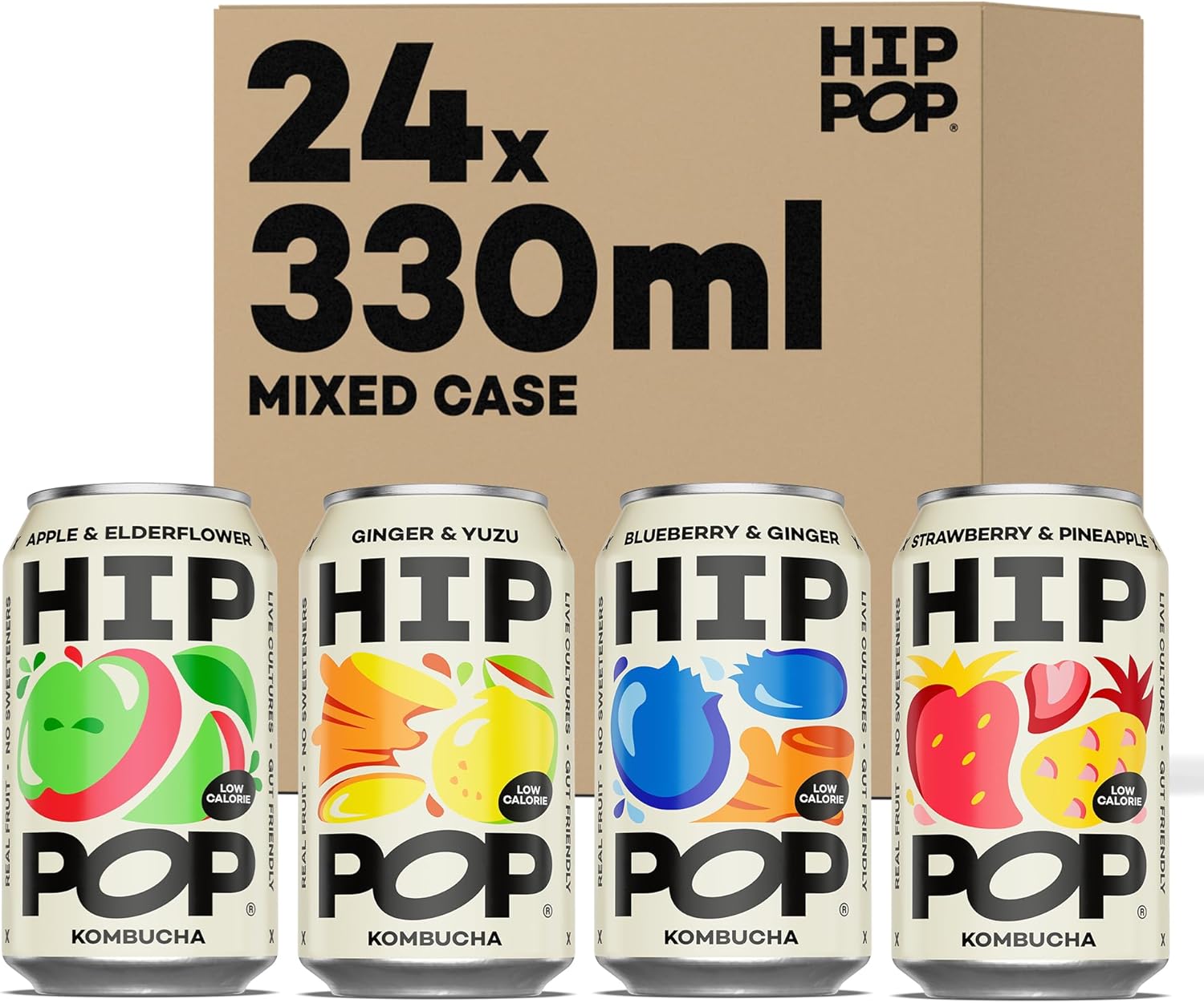 Hip Pop Real Fruit Kombucha Mixed Flavours, 24 x 330ml, 100% Natural, No Sweeten...