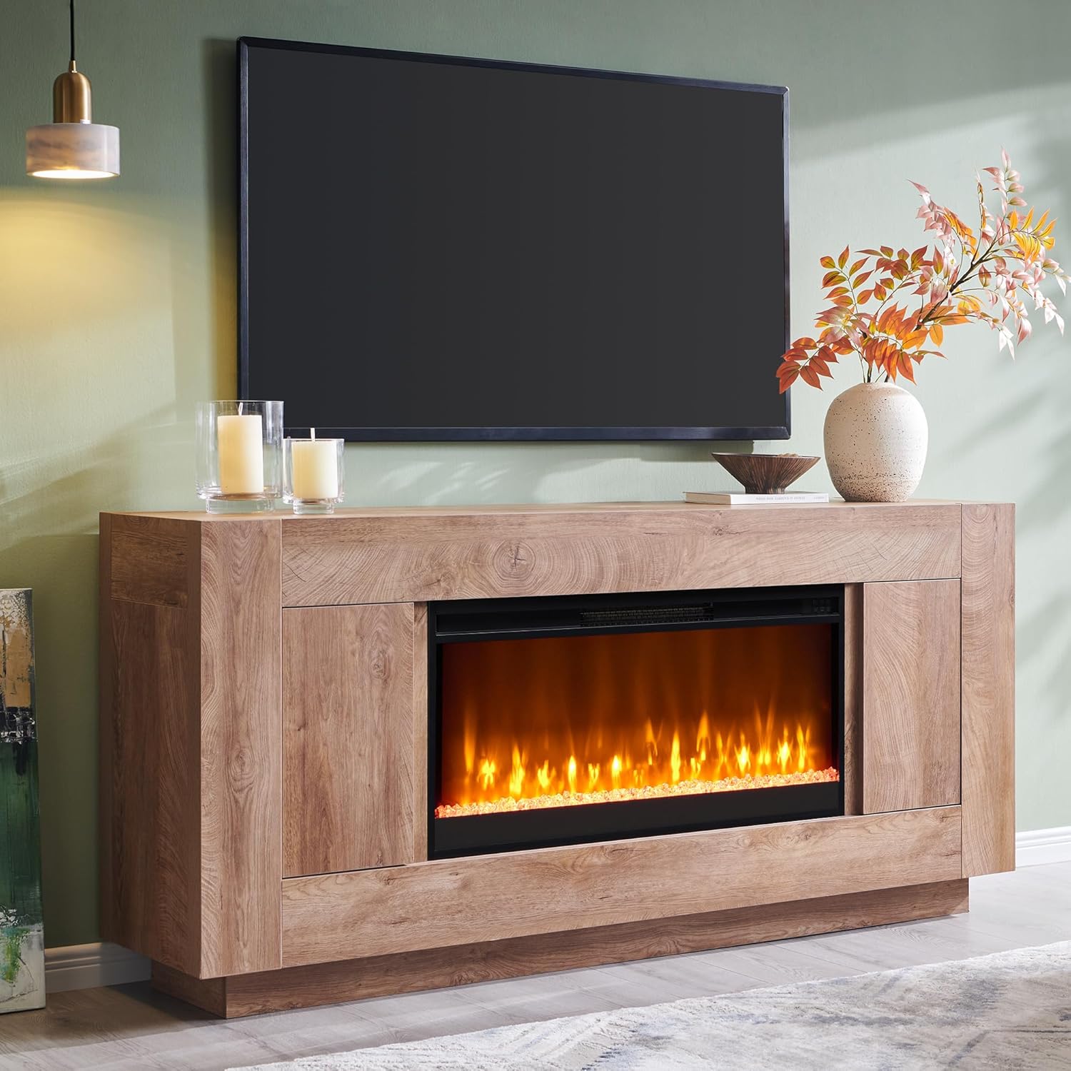 OKD Modern 70" Fireplace TV Stand with 36" Electric Fireplace, Entertainment Cen...
