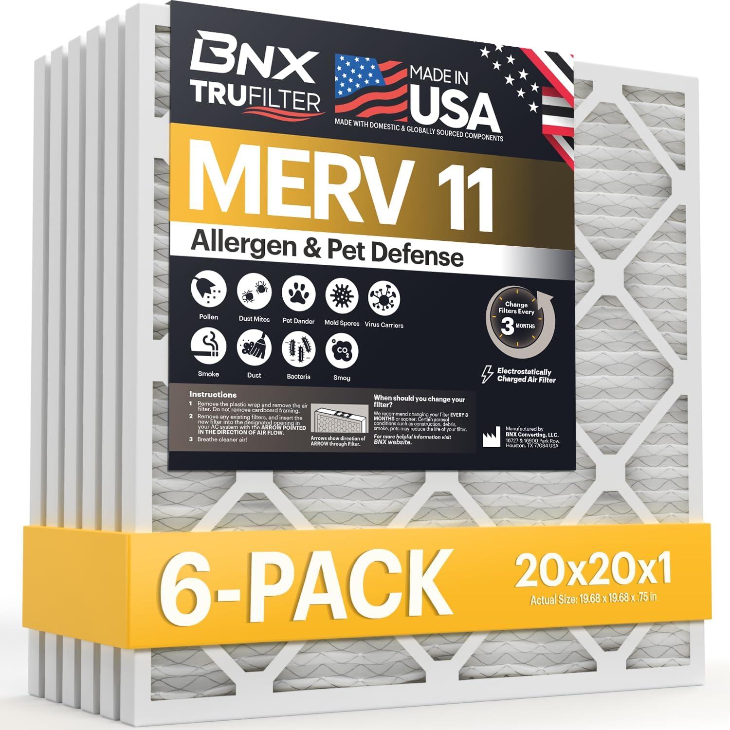 BNX TruFilter 20x20x1 Air Filter MERV 11 (6-Pack) - MADE IN USA - Allergen Defen...