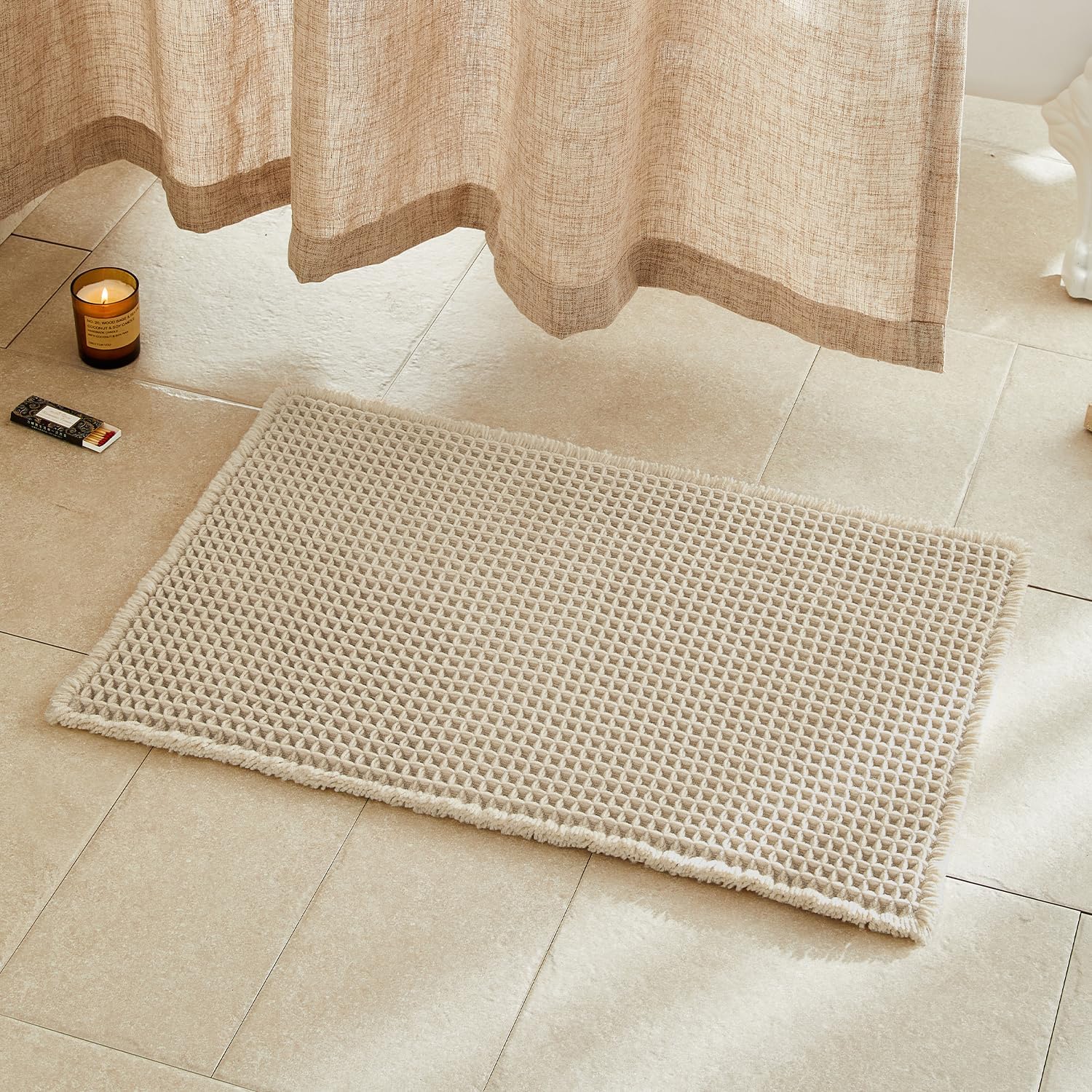 Pale Beige Bathroom Rug, Unique Waffle Bath Mat for Non Slip and Washable Use, E...