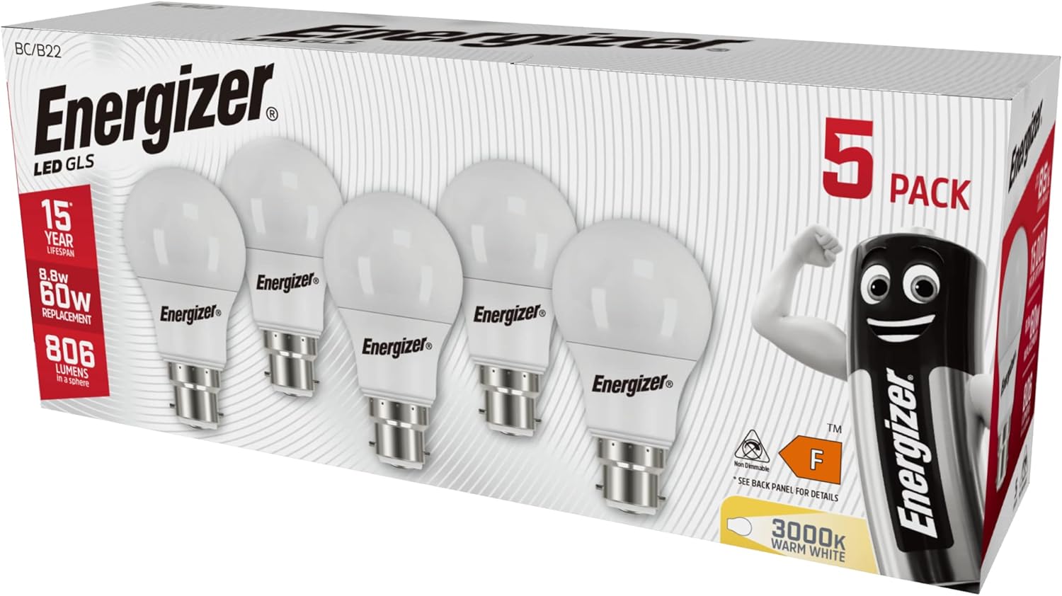 Energizer Bayonet Light Bulb 60w, B22 LED Bulbs Warm White 3000K, Energy Saver B...