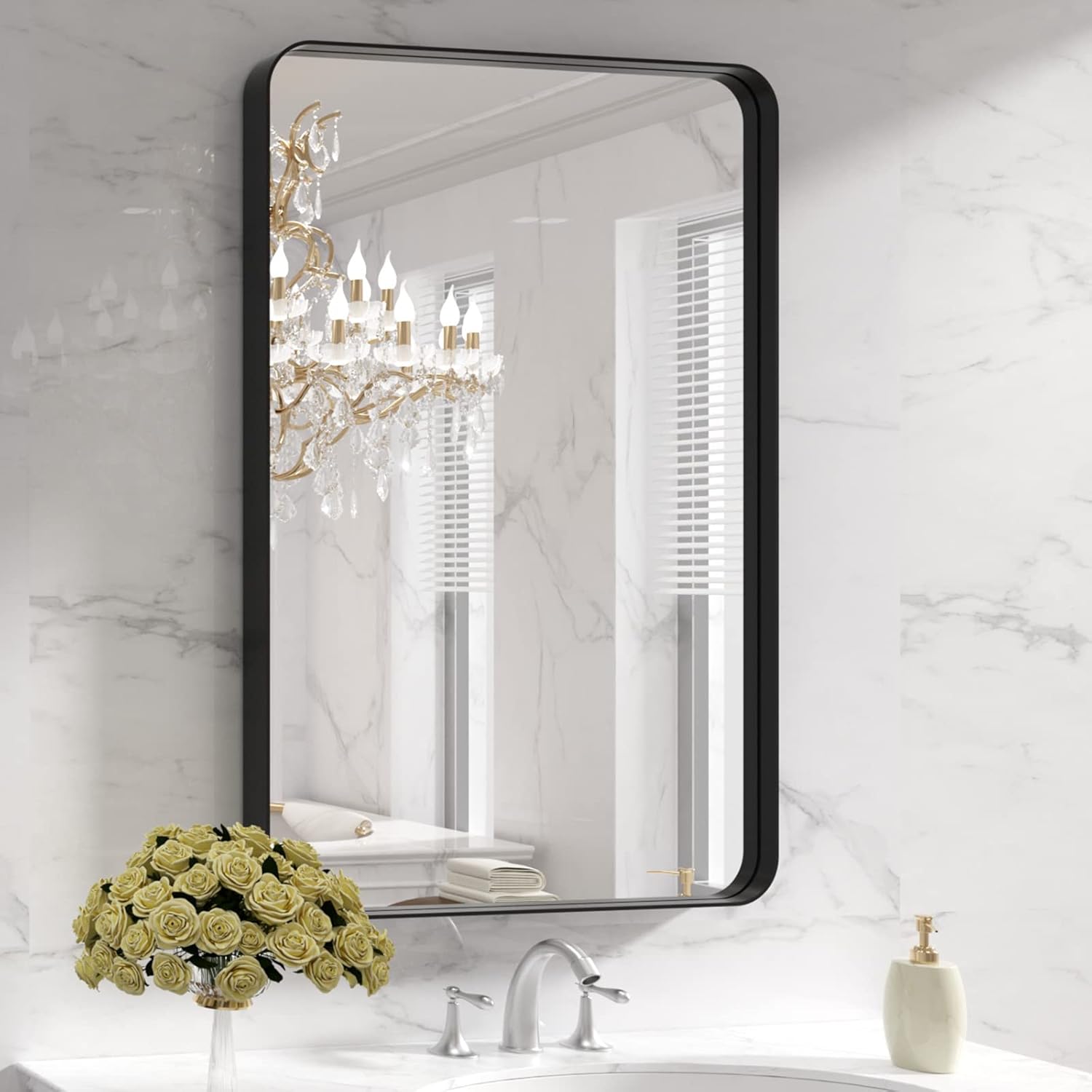 LOAAO Black Metal Framed Bathroom Mirror for Wall, 24X36 Inch Rounded Rectangle...