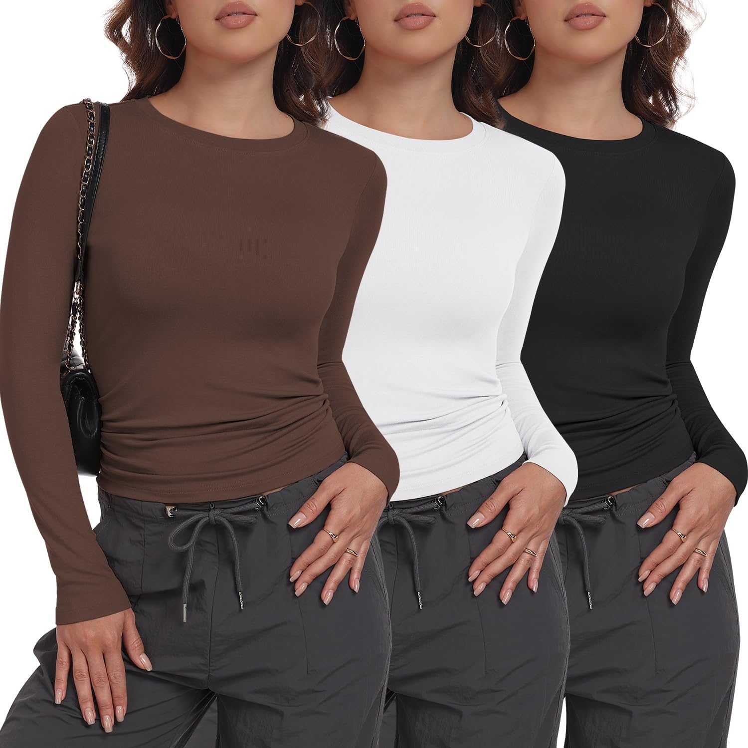 MLYENX 3 Pack Womens Long Sleeve Shirts Crew Neck Basic Stretchy Fitted Y2K Tops...