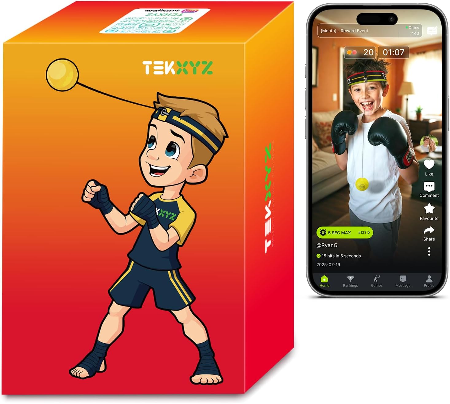 TEKXYZ Reflex Ball with Counter App & Online Community, 2 Difficulty Levels Boxi...