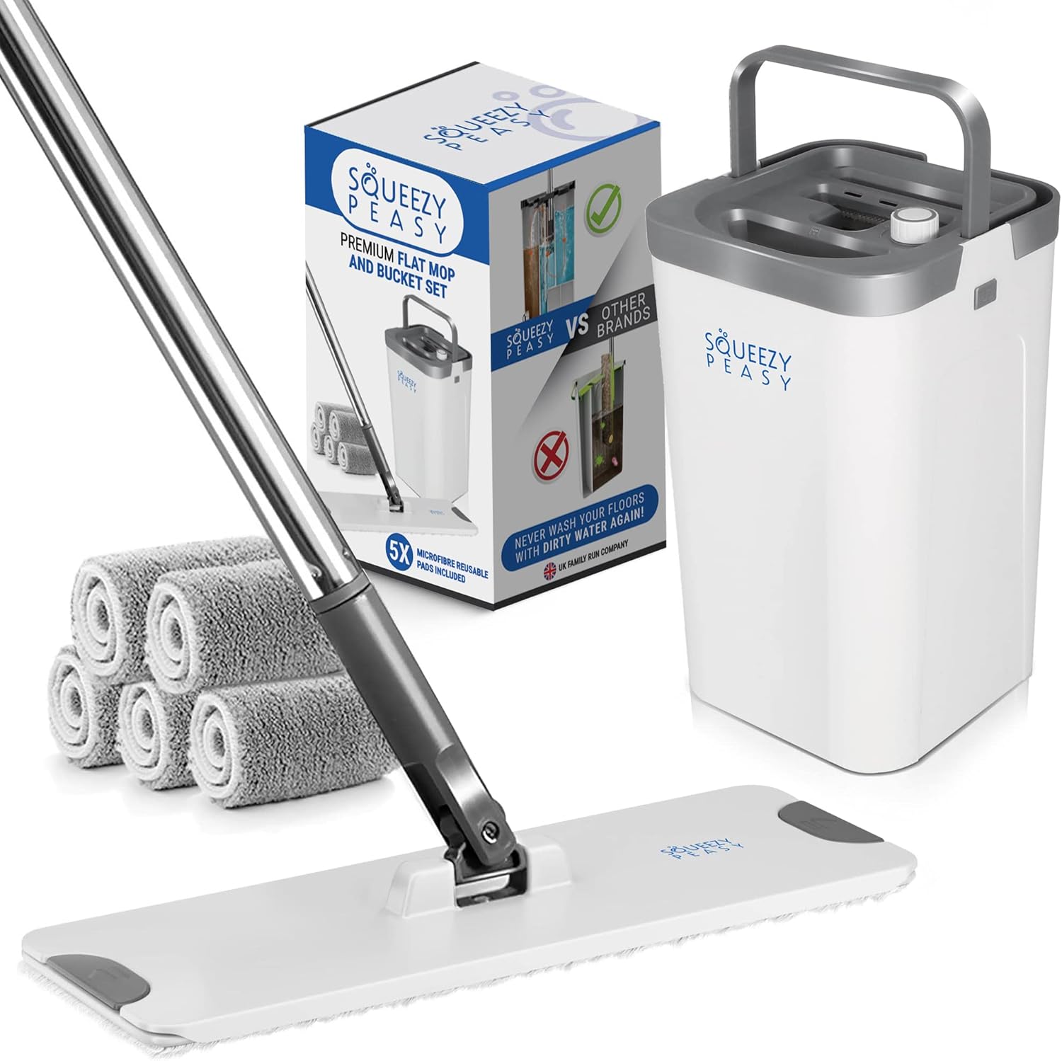 SqueezyPeasy Premium Flat Mop and Bucket Set - Separates Clean & Dirty Water - C...