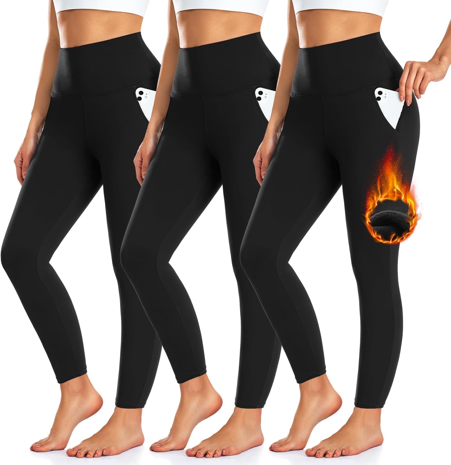 3 Pack Fleece Lined Leggings Women with Pockets -Warm Winter Yoga Pants for Wome...