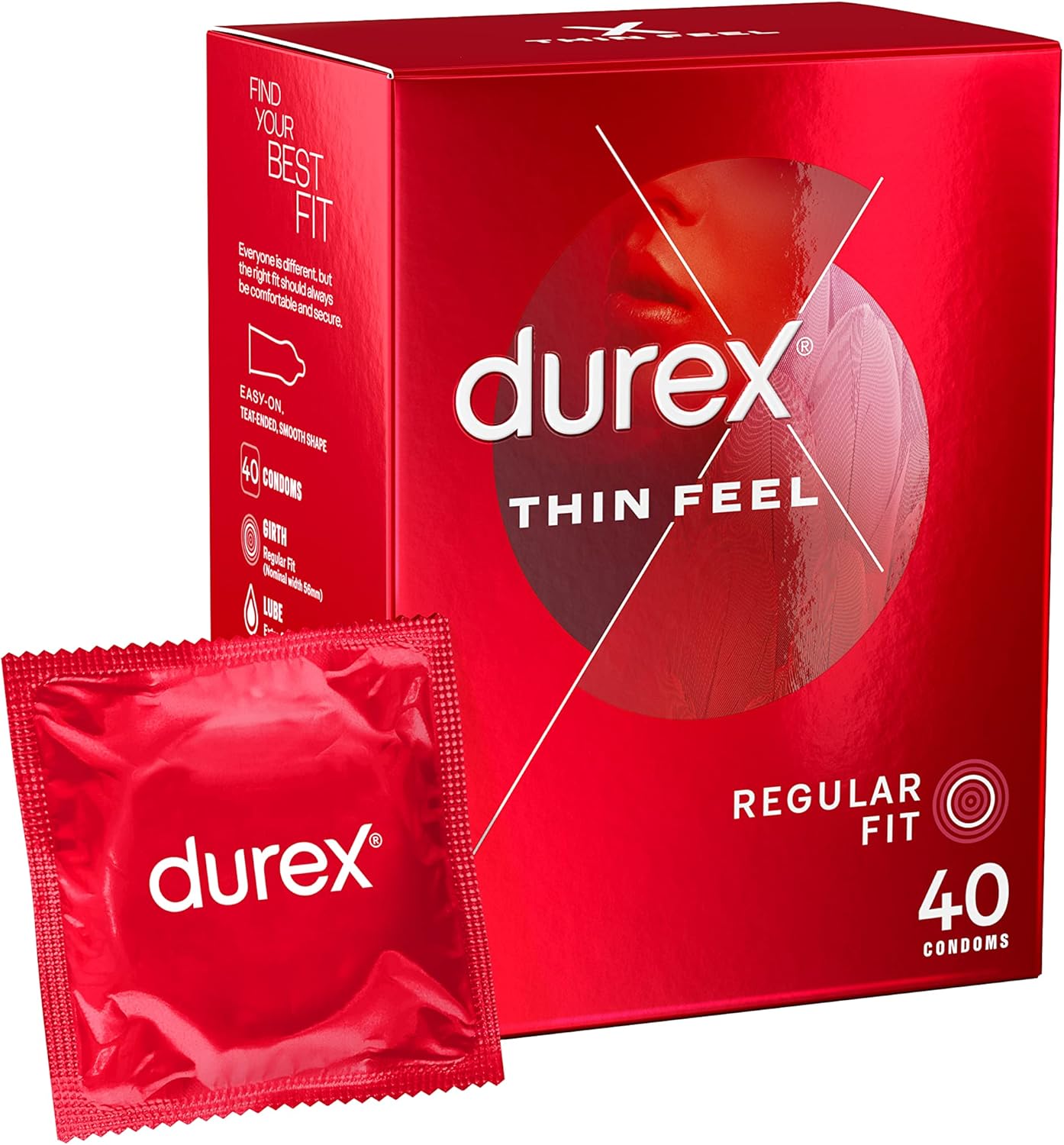 Durex Thin Feel, 40 Condoms, With Silicone Lube, Easy On Shape, Regular Fit, Nat...