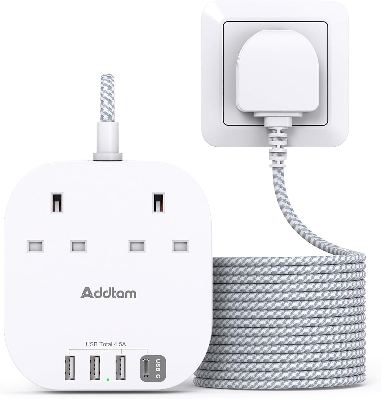 5M Extension Lead, Power Strips with 2 Way Outlets 4 USB (4.5A, 1 Type C and 3 U...