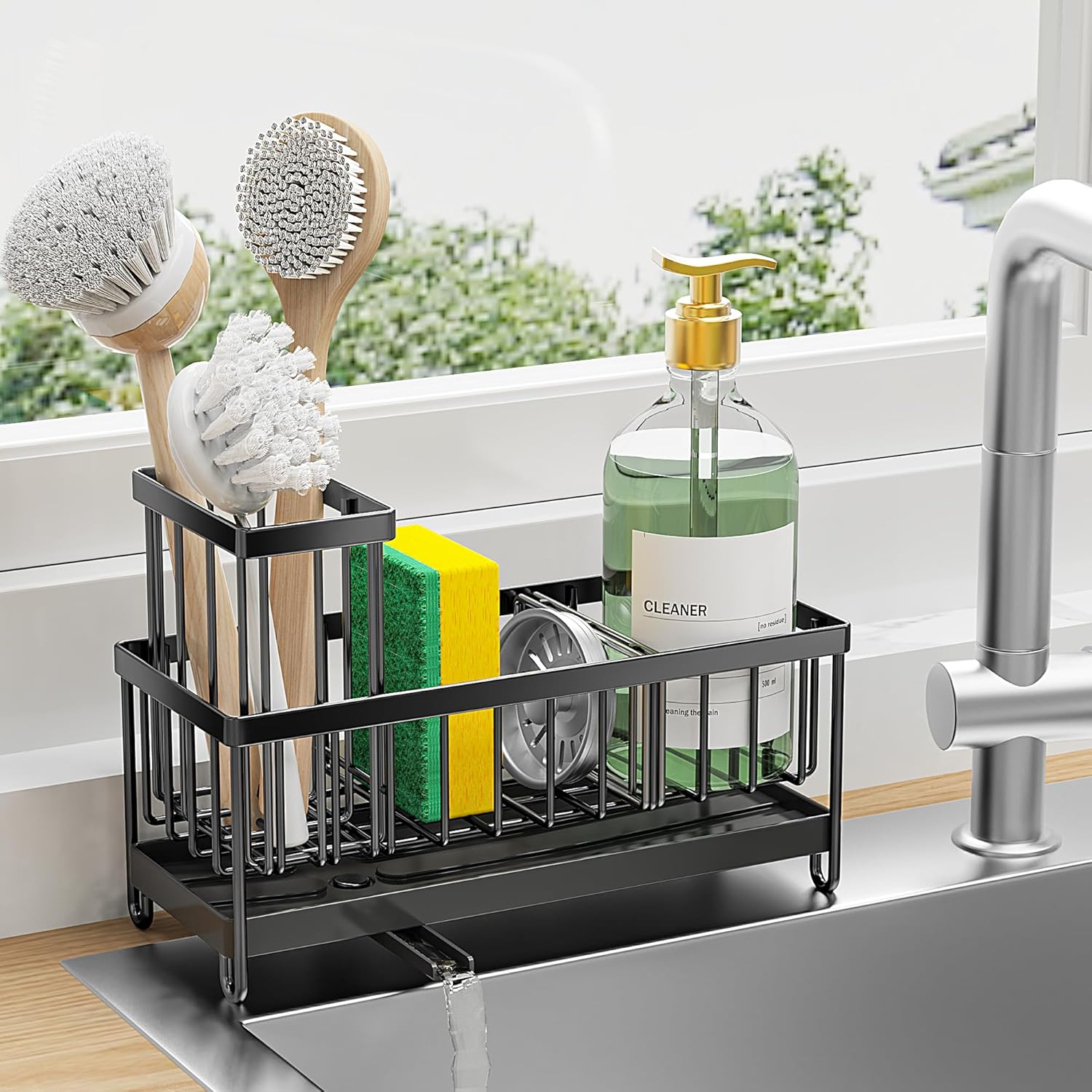 Cisily Black Sponge Holder for Kitchen Sink, Sink Caddy Organizer with High Brus...
