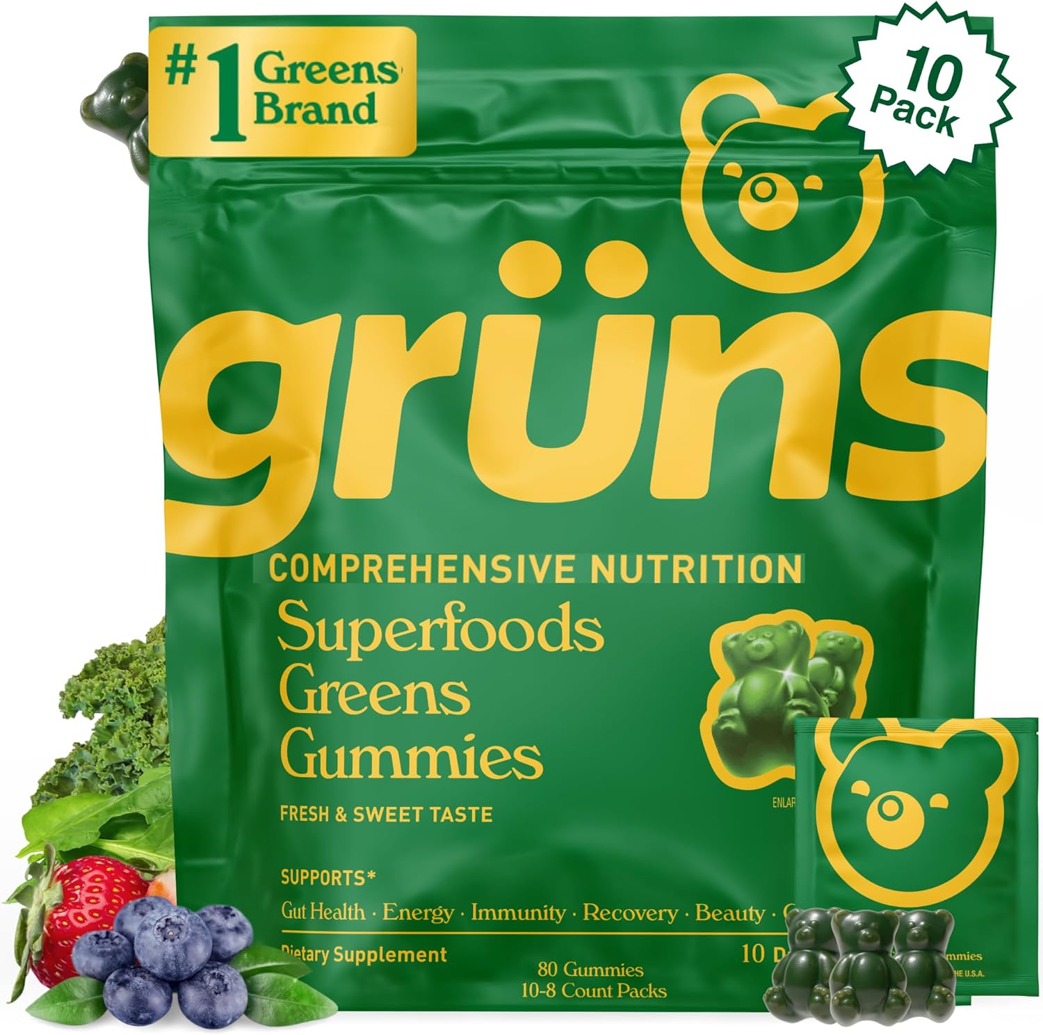 Gruns Adults Super Greens Gummies, Multivitamin Superfood Gummy Bears, Spirulina...