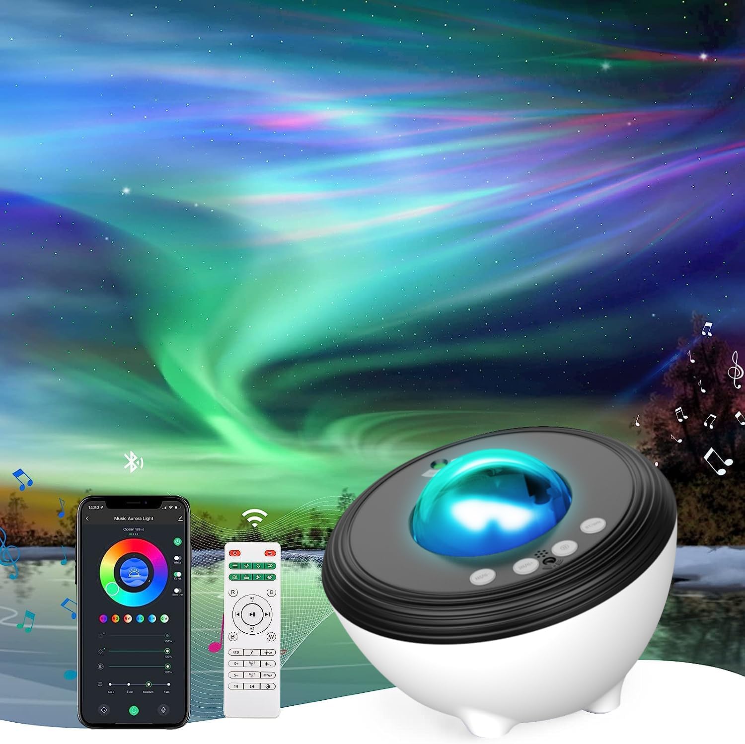 Aurora Projector Galaxy Star Light for Bedroom Night with Bluetooth Speaker, Whi...