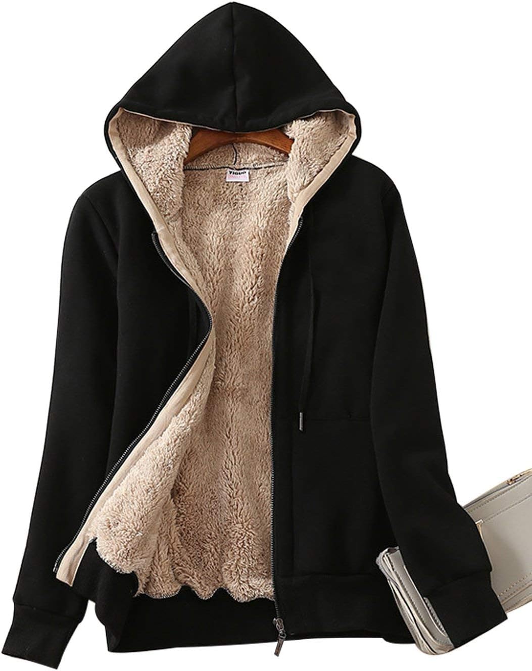 Yeokou Women's Casual Full Zip Up Sherpa Lined Hoodie Sweatshirt Jacket Coat Bla...