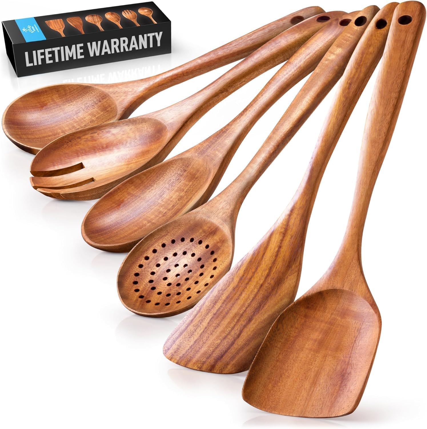 Zulay Kitchen 6-Piece Wooden Spoons for Cooking - Smooth Finish Teak Wood Utensi...