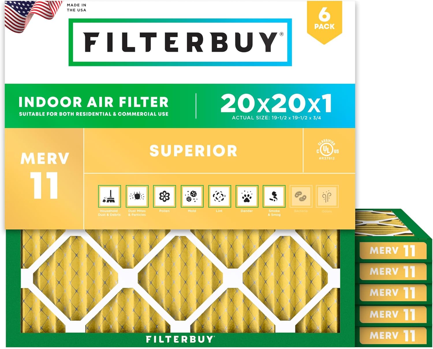 Filterbuy 20x20x1 Air Filter MERV 11 Superior Pet & Allergy Defense (6-Pack), El...