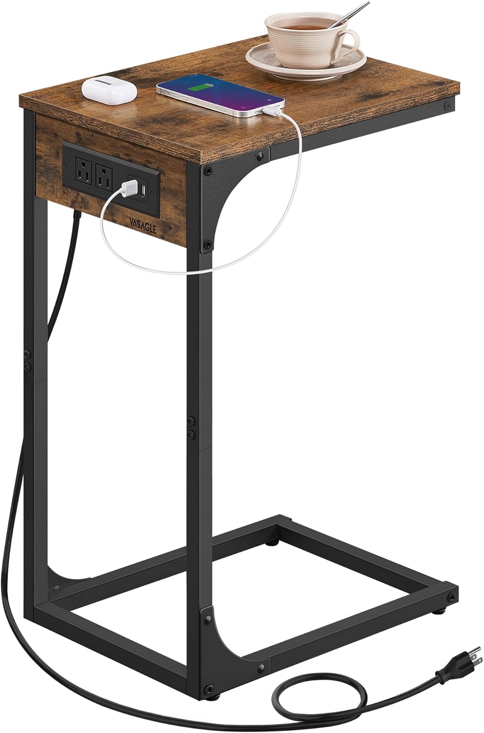 VASAGLE C-Shaped Side Table, End Table with Charging Station, C Table for Couch,...
