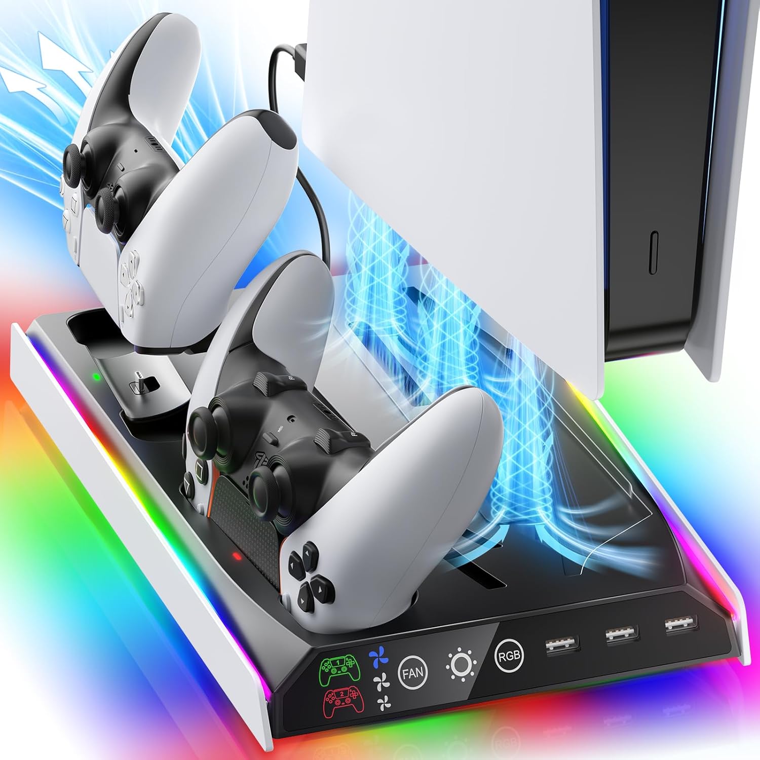 PS5/Slim/Pro Stand with Adjustable Cooling Fan, Vertical PS5 Cooling Charger Sta...
