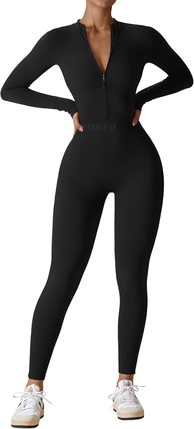 YEOREO Women Long Sleeve Workout Jumpsuit Zip Up Romper Bottom Pants Bodysuit Bo...