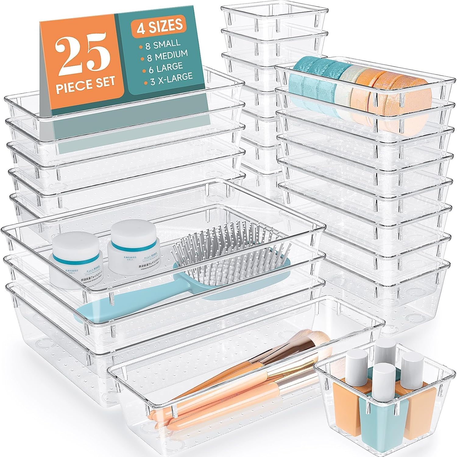 WOWBOX 25 PCS Clear Plastic Drawer Organizer Set, 4 Sizes Desk Drawer Divider Or...