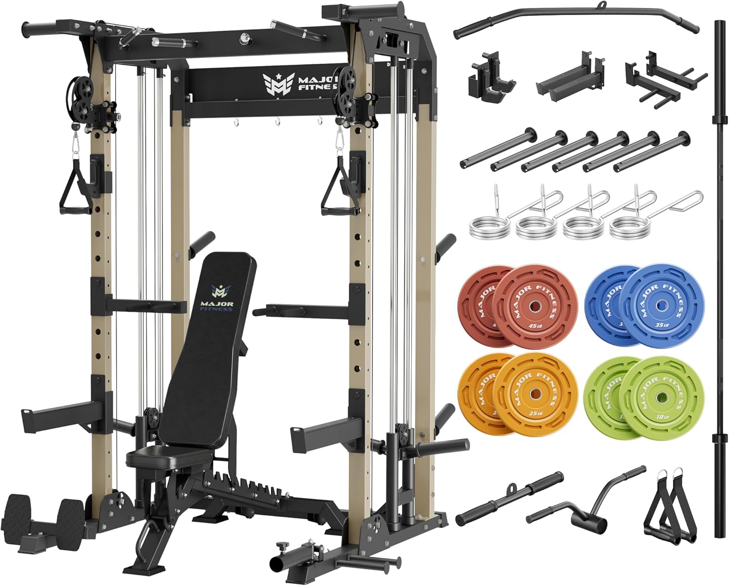 MAJOR FITNESS F22 Power Rack, 1600lbs All-in-One Squat Rack with Dual Pulley Sys...
