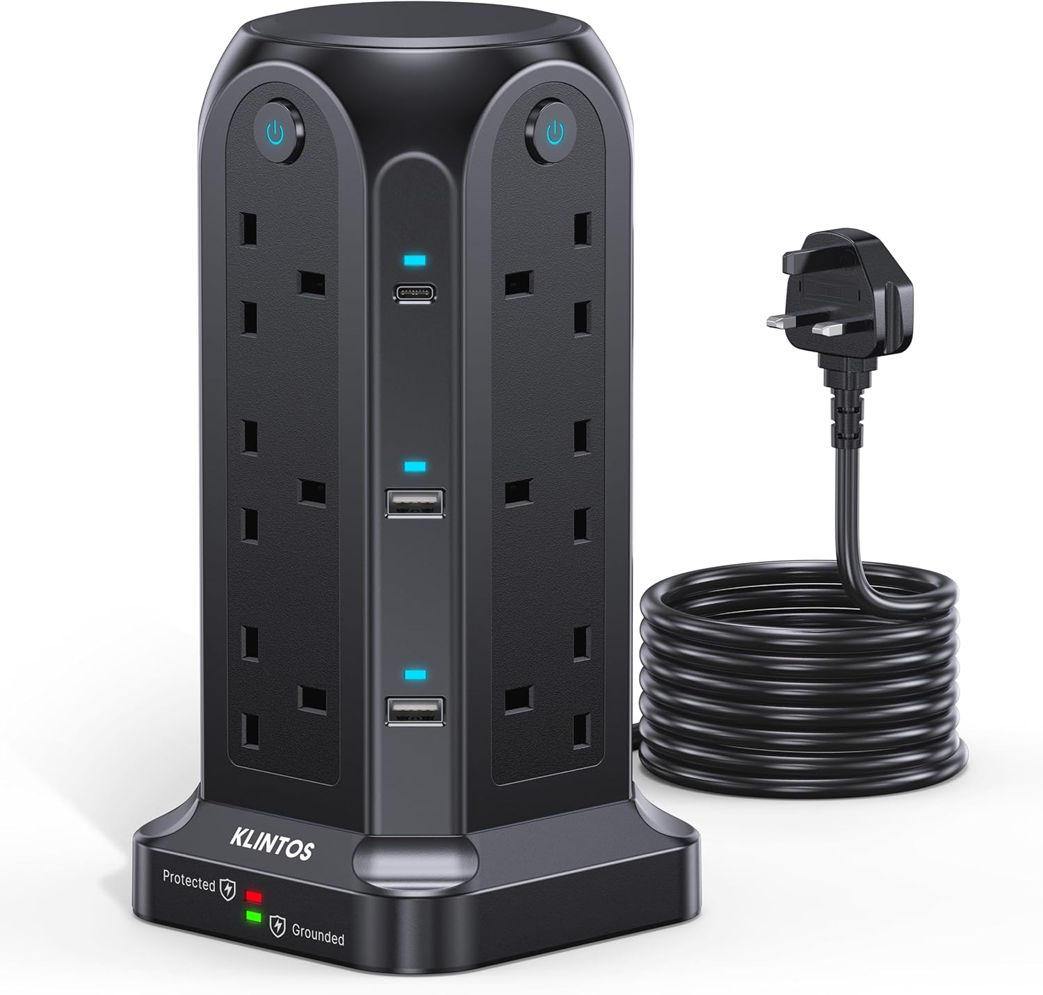 Tower Extension Lead 2M, 12 Way Extension Tower with 6 USB Slots (2 Type C & 4 U...