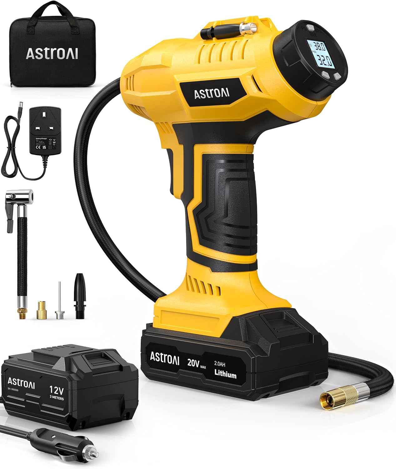 AstroAI Cordless Tyre Inflator Air Compressor, 12V DC and 20V Rechargeable Batte...