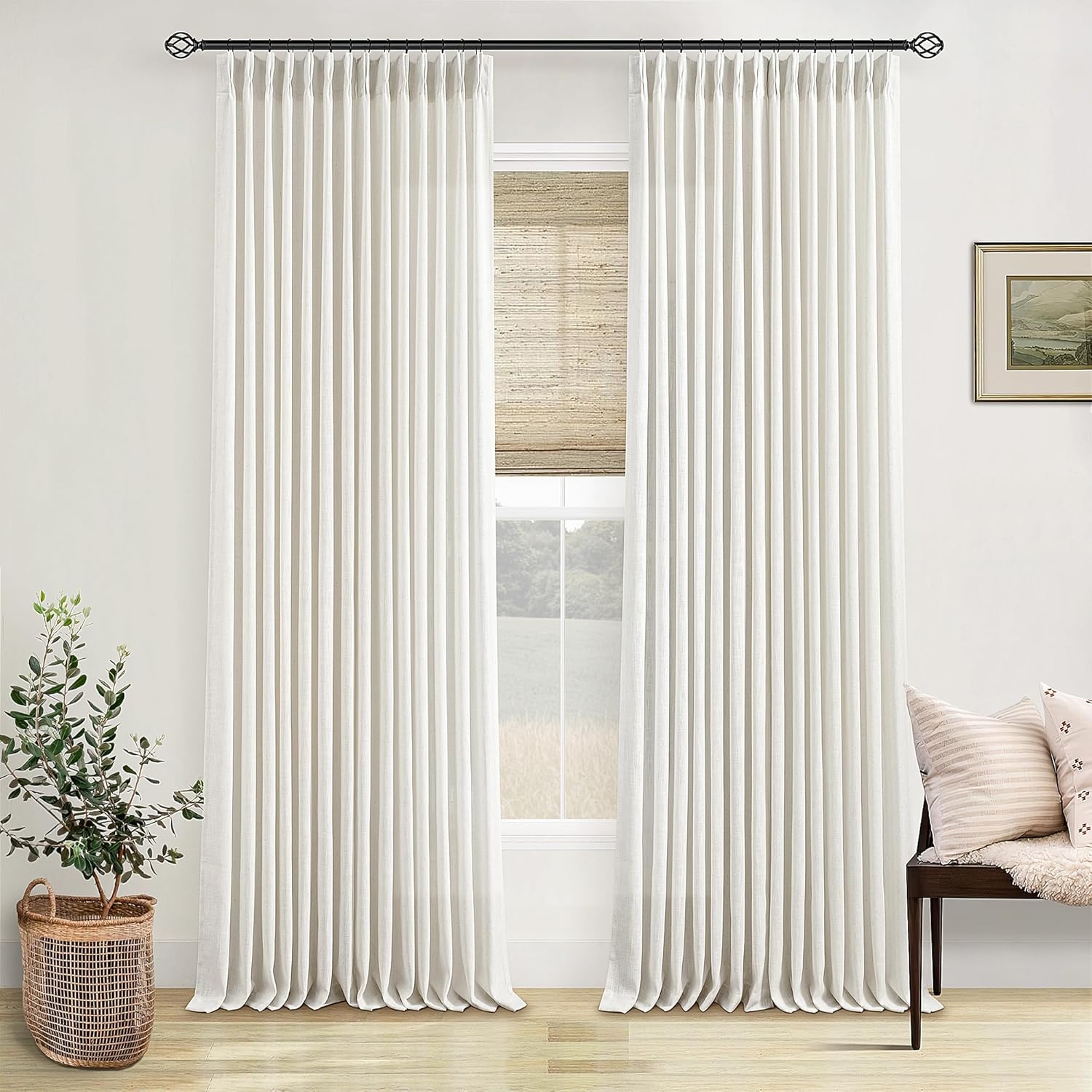 Pinch Pleated Linen Curtains 108 Inches Long for Living Room 2 Panels Set Cream...