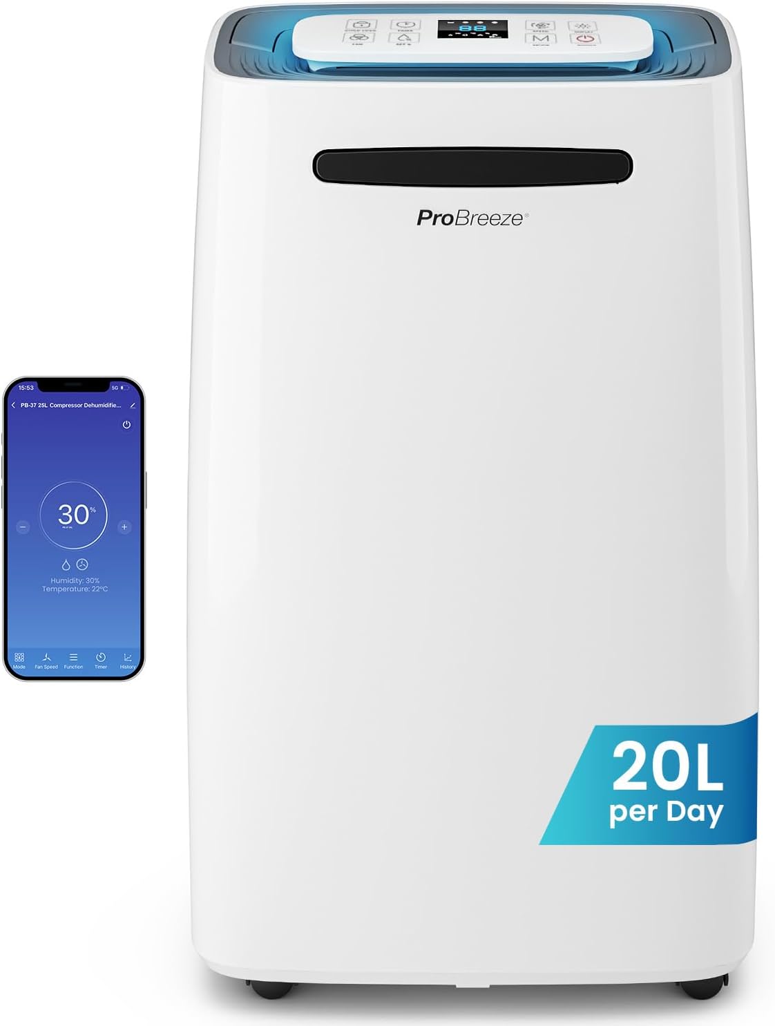 Pro Breeze® 20L/Day Smart Dehumidifier with Digital Humidity Display, Sleep Mode...