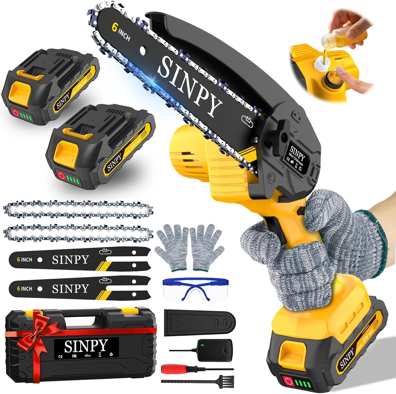 Mini Chainsaw Cordless, 6 Inch Electric Power Chain Saw with 2 Batteries & 2 Cha...