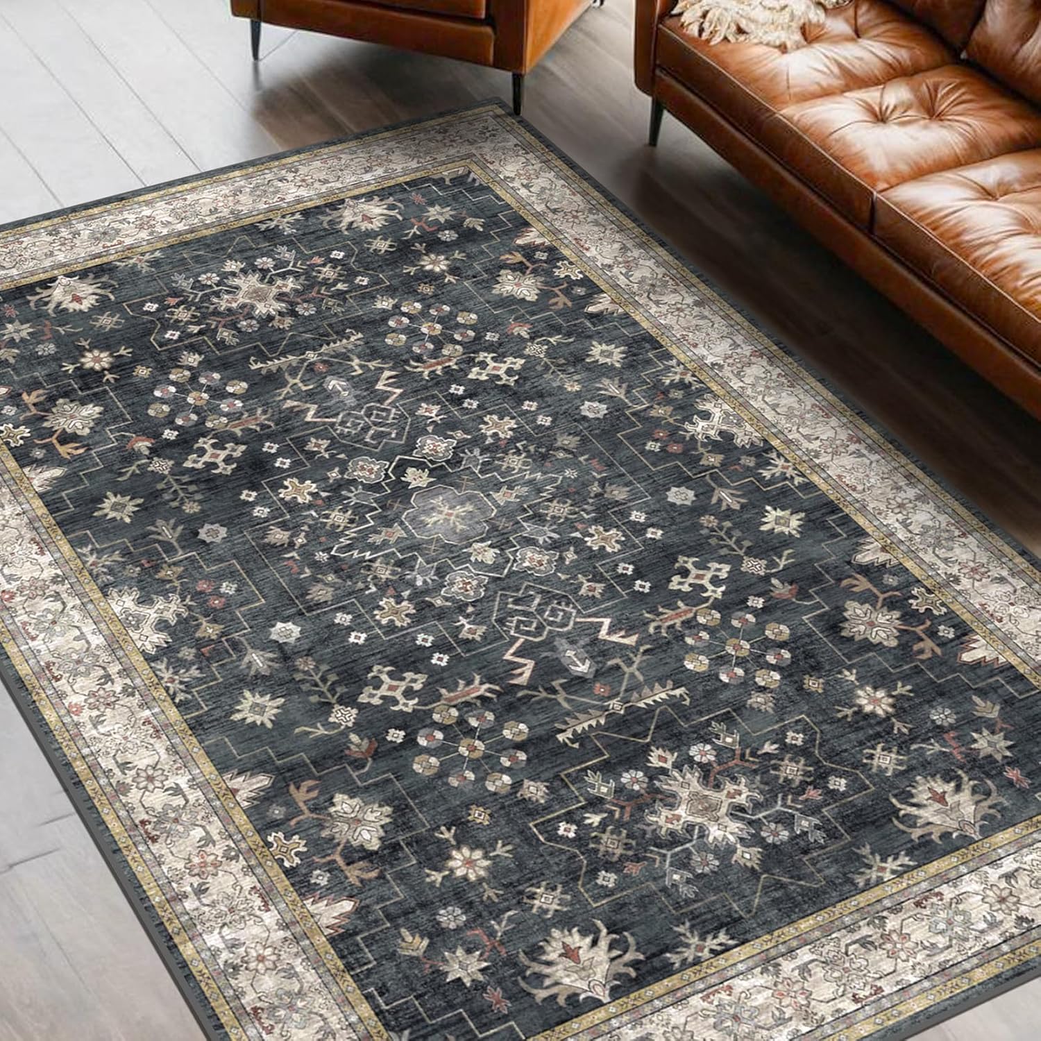 Special Black Boho Living Room Rug, 5x7 Washable Rug for Dark Vintage Interiors,...