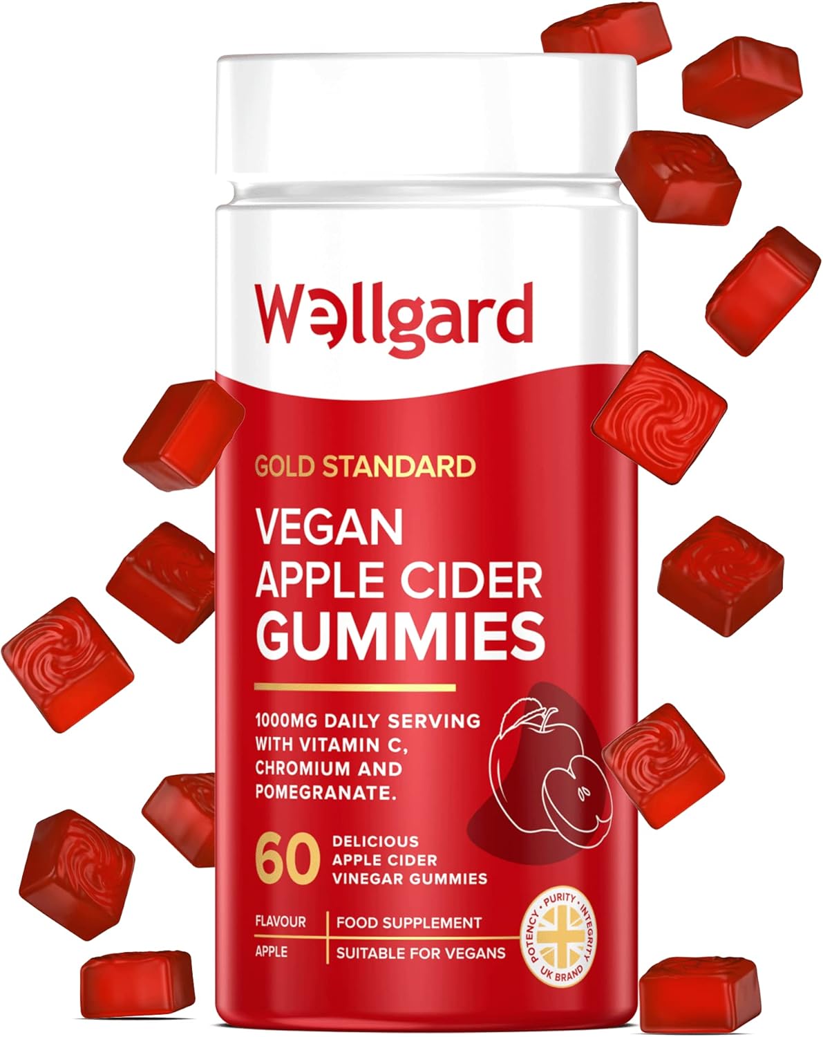 Wellgard Vegan Apple Cider Vinegar Gummies, Gold Standard 1000mg ACV Gummies wit...