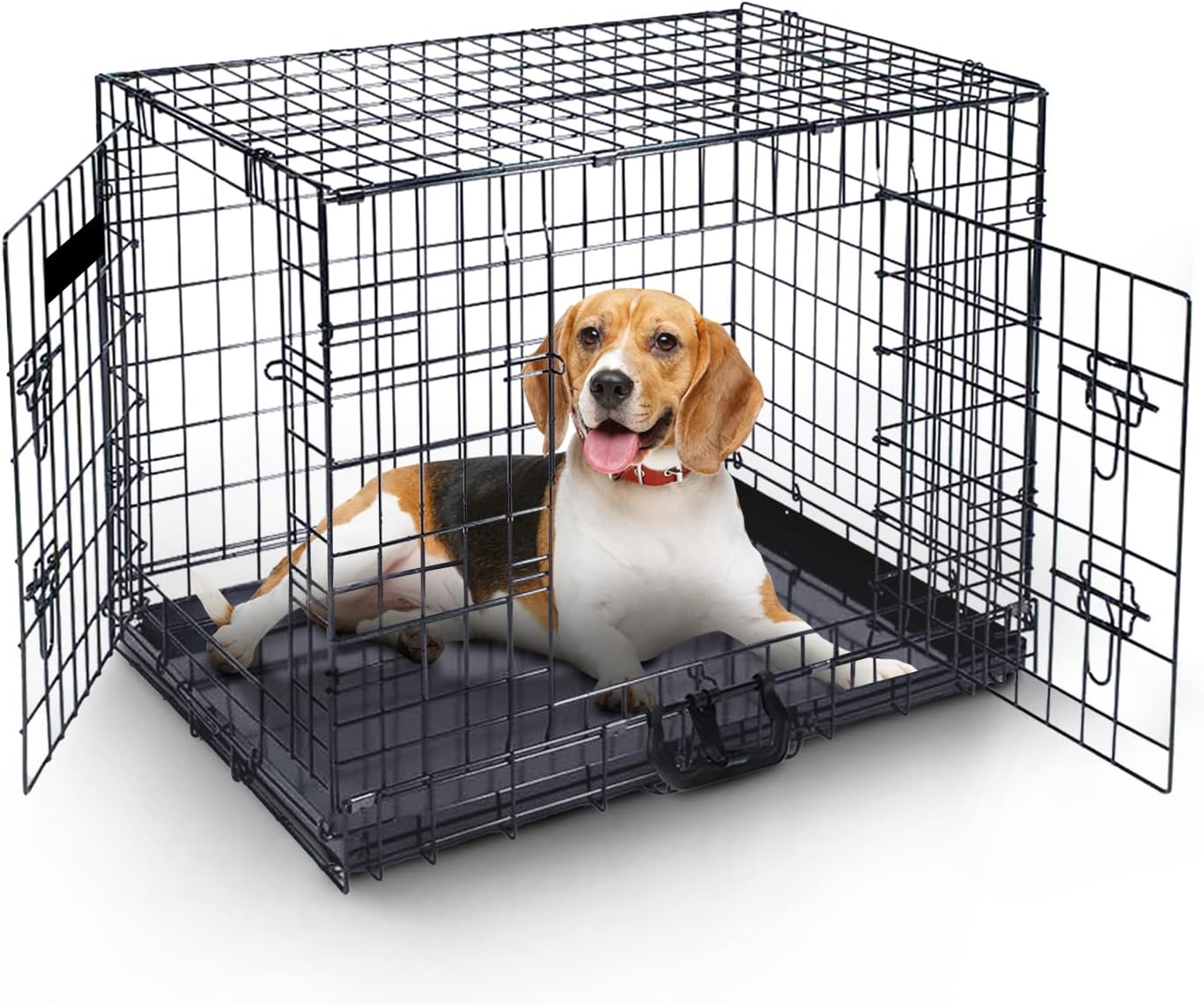 Furdreams 36-Inch Dog Cage Crate – Heavy Duty Black Metal Folding Crate with 2 D...
