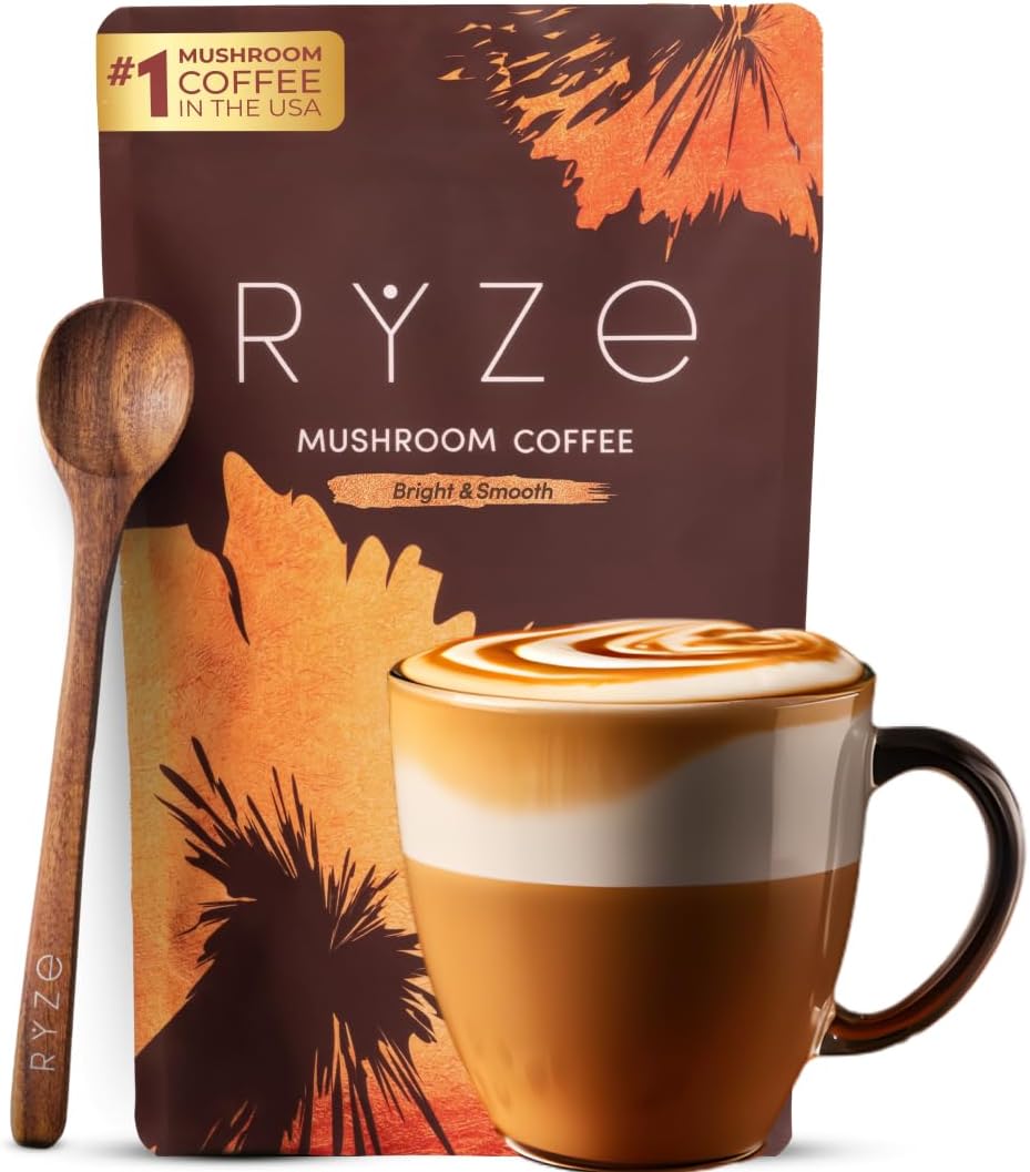 RYZE SUPERFOODS Mushroom Medium Roast Coffee USDA Organic with 6 Adaptogenic Mus...