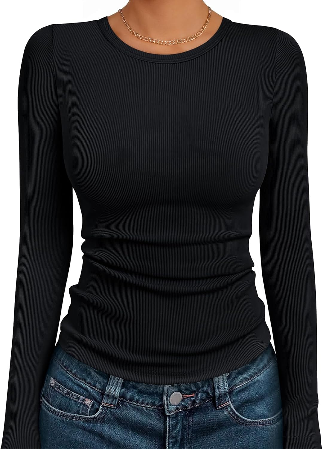 AUTOMET Women's Ribbed Long Sleeve Basic Top - Soft Stretch Crewneck Shirt for W...