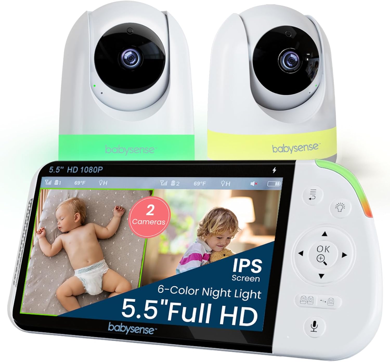 Babysense Full HD Split-Screen Baby Monitor with 2 PTZ Cameras, Two-Way Talk, 6-...