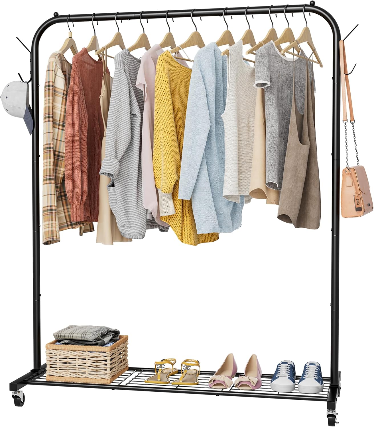 Clothes Rail, Portable Clothes Rack with Hook and Metal Storage Shelf, Heavy Dut...